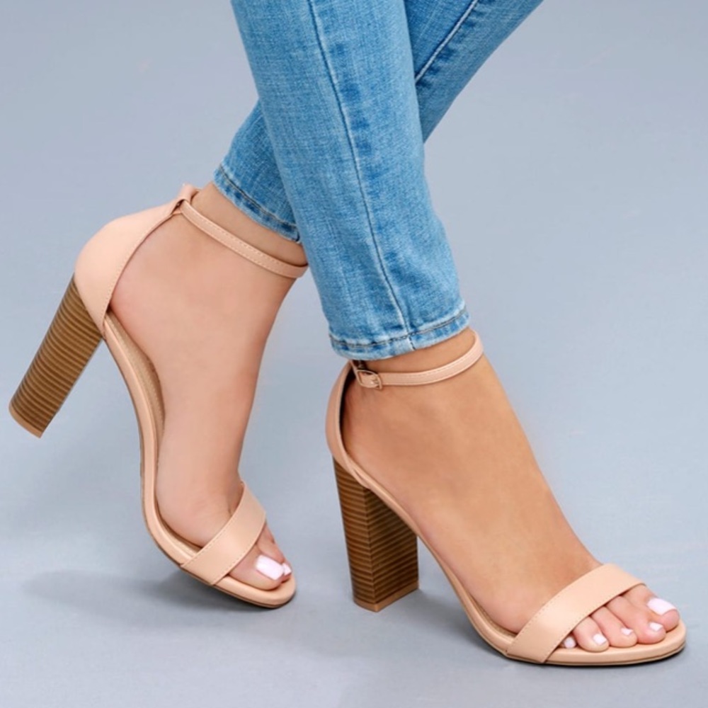 ALMOND STACKED ANKLE STRAP HEELS, BLOCK HEEL